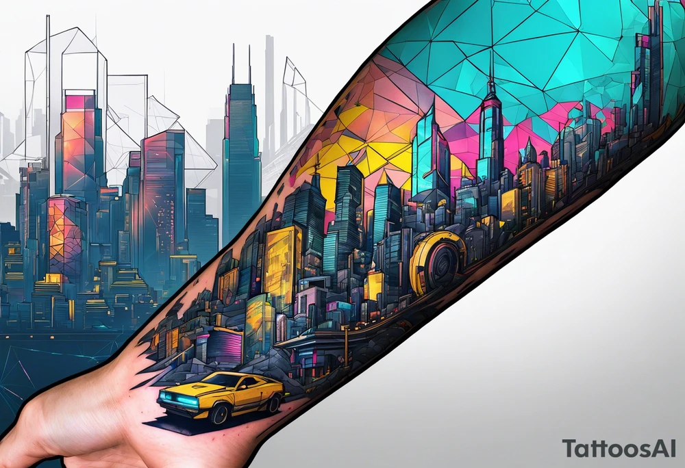 cyberpunk 2077, forearm tattoo, geometric, subtle, men, city skyline, 4k tattoo idea