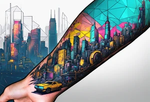 cyberpunk 2077, forearm tattoo, geometric, subtle, men, city skyline, 4k tattoo idea