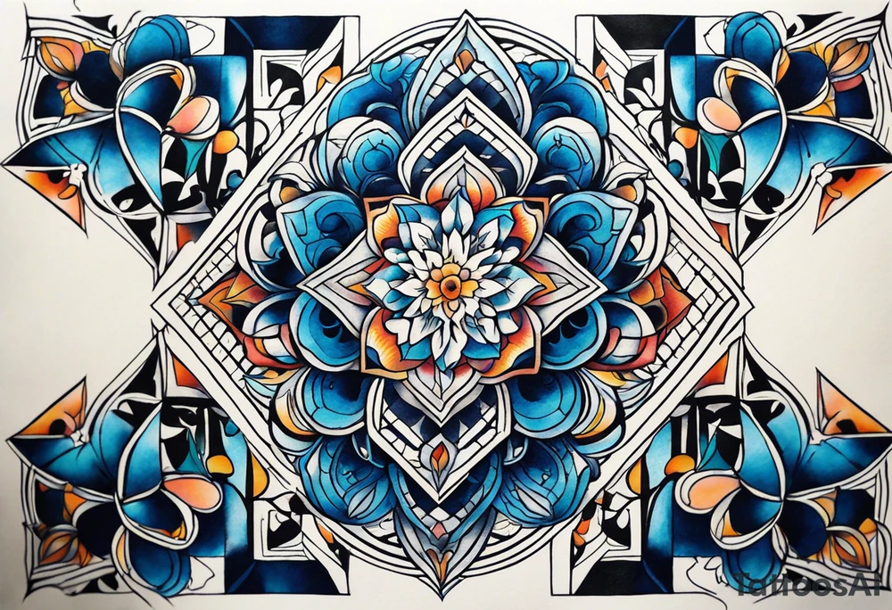 semi Detailed neo traditional knee tattoo flat on paper. The tattoo features geometric patterns and bold lines, creating a visually striking design with slight tints of deep fall colors. The background 
outside the tattoo features deep blues washes and water swirls tattoo idea