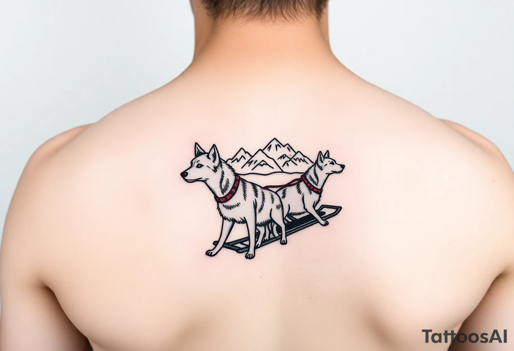 Sled dogs from a side viewwith sled and northern lights and mountains tattoo idea
