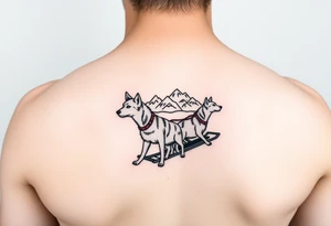 Sled dogs from a side viewwith sled and northern lights and mountains tattoo idea