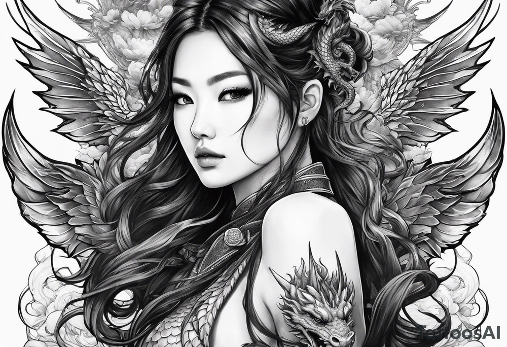 beautiful warrior nymph with dragon wings and dragon friend tattoo idea