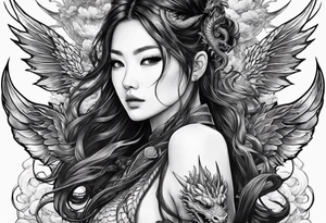 beautiful warrior nymph with dragon wings and dragon friend tattoo idea