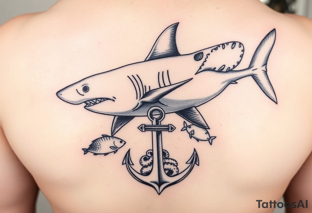 hammerhead-shark,under it an anchor,fishes,an octopus. tattoo idea