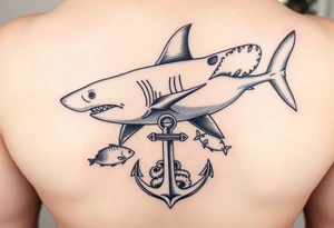 hammerhead-shark,under it an anchor,fishes,an octopus. tattoo idea
