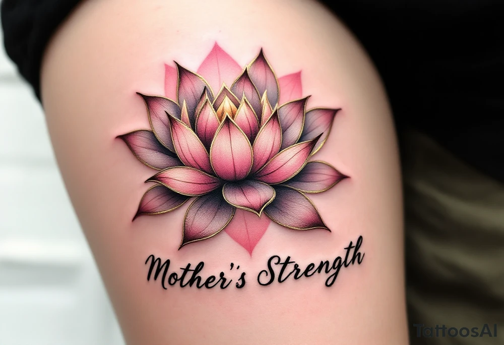 A pink lotus flower with gold highlights and the words “Mother’s Strength” in cursive below. tattoo idea