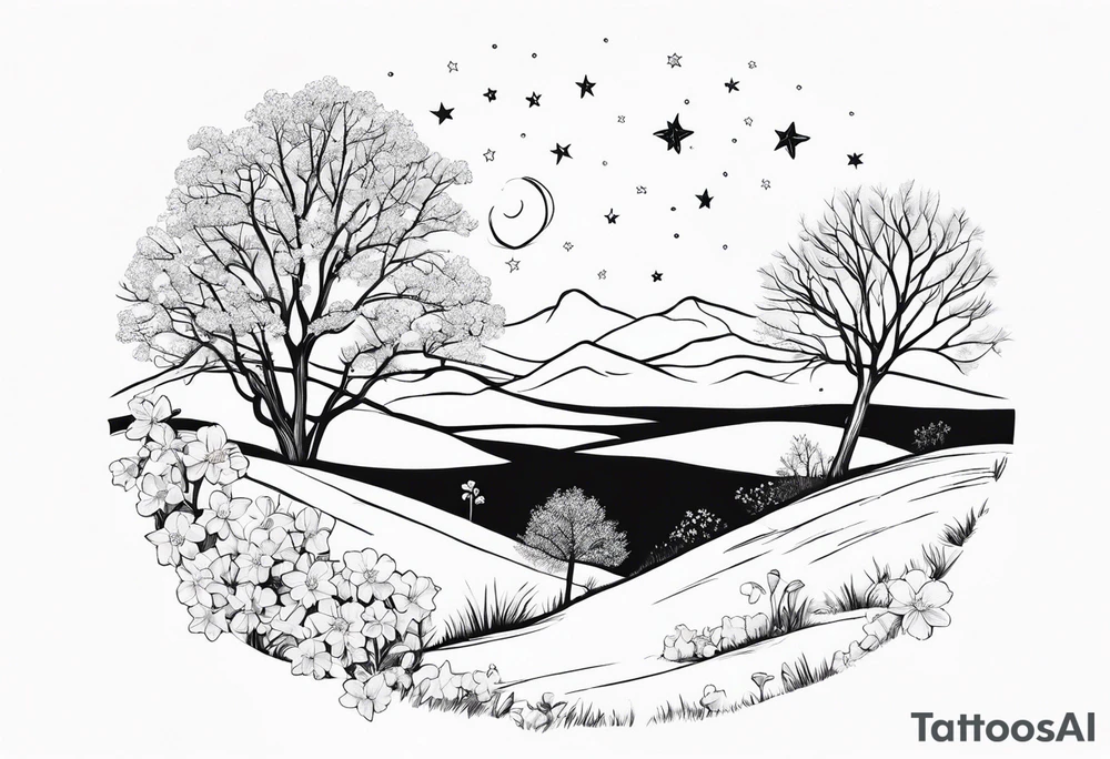 Winter sky, stars, violets, primroses, daffodil, jonquil, snow, oak tree tattoo idea