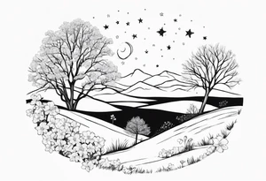 Winter sky, stars, violets, primroses, daffodil, jonquil, snow, oak tree tattoo idea