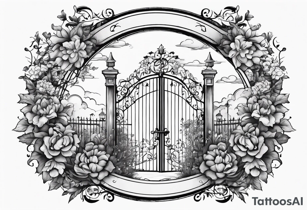 night medieval town garden gate entrance 
 in circle vignette surrounded by clouds floral tattoo idea