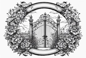 night medieval town garden gate entrance 
 in circle vignette surrounded by clouds floral tattoo idea