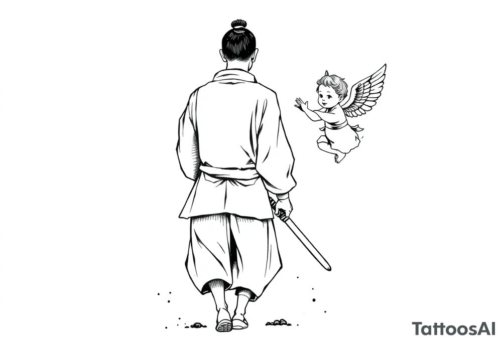 Blackwork tattoo illustration of a samurai walking forward, seen from behind. The samurai wears a traditional kimono and hakama, holding two long katanas in a relaxed but ready pose. To his right, a small child angel with detailed feathered wings floats in the air, gently reaching toward him with an outstretched hand. Strong contrast, dynamic ink splatters, sumi-e brush stroke effects, minimalist white background, dramatic lighting, emotional and symbolic composition, high-detail linework tattoo idea