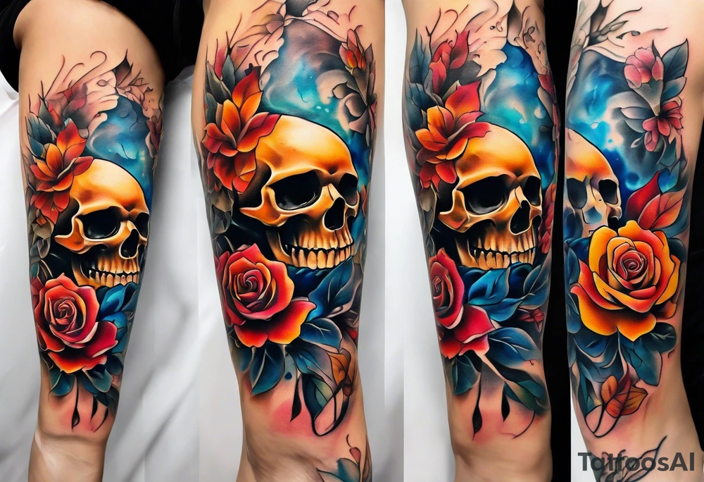 Front knee tattoo with fall colors, small flowers, rose, style skull, leaves, blue water flows with washes and background tattoo idea