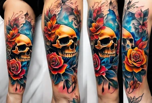 Front knee tattoo with fall colors, small flowers, rose, style skull, leaves, blue water flows with washes and background tattoo idea