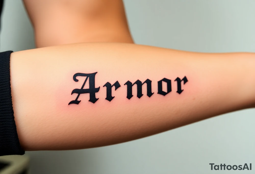 Place the word "Armor" on the back of the right forearm; should be readable by others tattoo idea