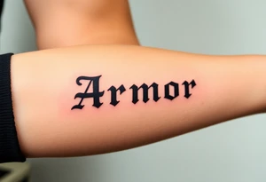 Place the word "Armor" on the back of the right forearm; should be readable by others tattoo idea