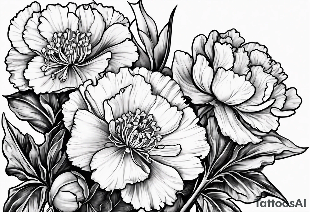 Two carnations, Two daffodils, One snowdrop, One hawthorn flower, Two honeysuckle blooms, tattoo idea