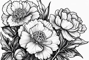 Two carnations, Two daffodils, One snowdrop, One hawthorn flower, Two honeysuckle blooms, tattoo idea