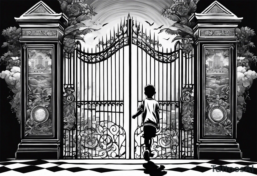 kid walking to the gates of freedom and money tattoo idea