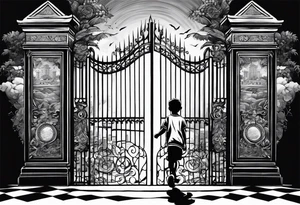 kid walking to the gates of freedom and money tattoo idea