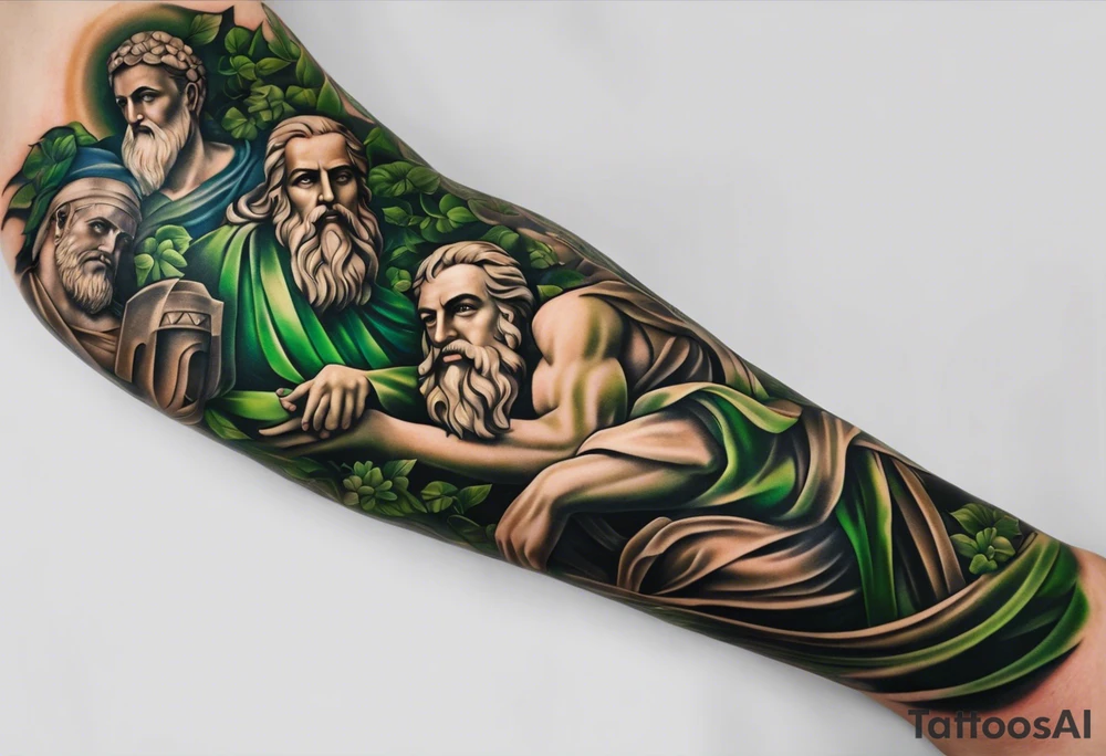 a tattoo full sleeve of stoic heroes in statue form including plato, socrates, alexander the great, julius ceasar, aristotle, pythagorus and william marshal. small amounts of Green english vine plant running through the whole tattoo. all fit on one arm. tattoo idea