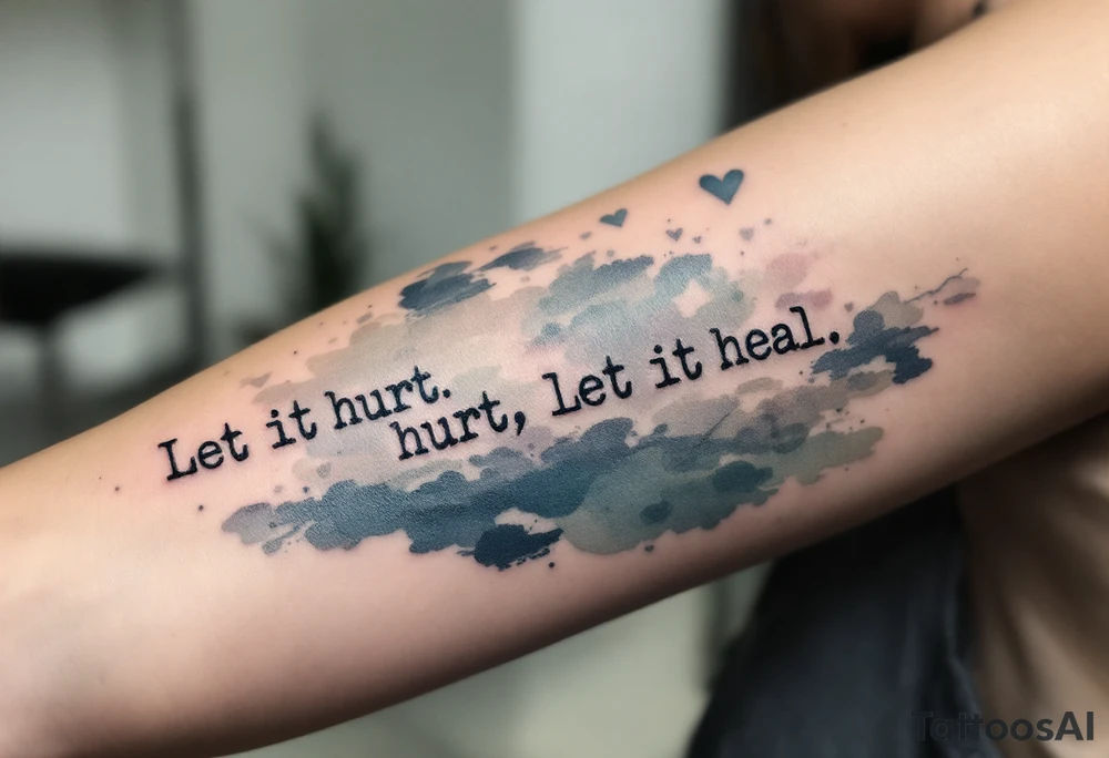 "Let It Hurt. Let It Heal." in typewriter font, medium black ink with smudged ink effects, raw and honest. tattoo idea