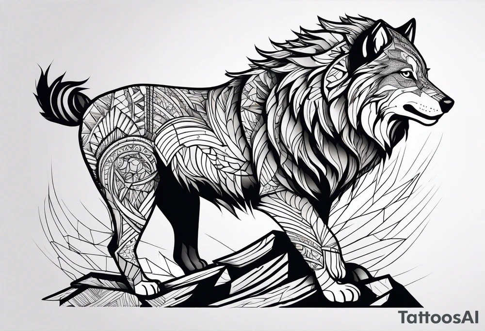 Leão poderoso e majestoso com águia poderosa e observadora juntamente com lobo solitário no braço todo tattoo idea