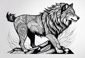 Leão poderoso e majestoso com águia poderosa e observadora juntamente com lobo solitário no braço todo tattoo idea