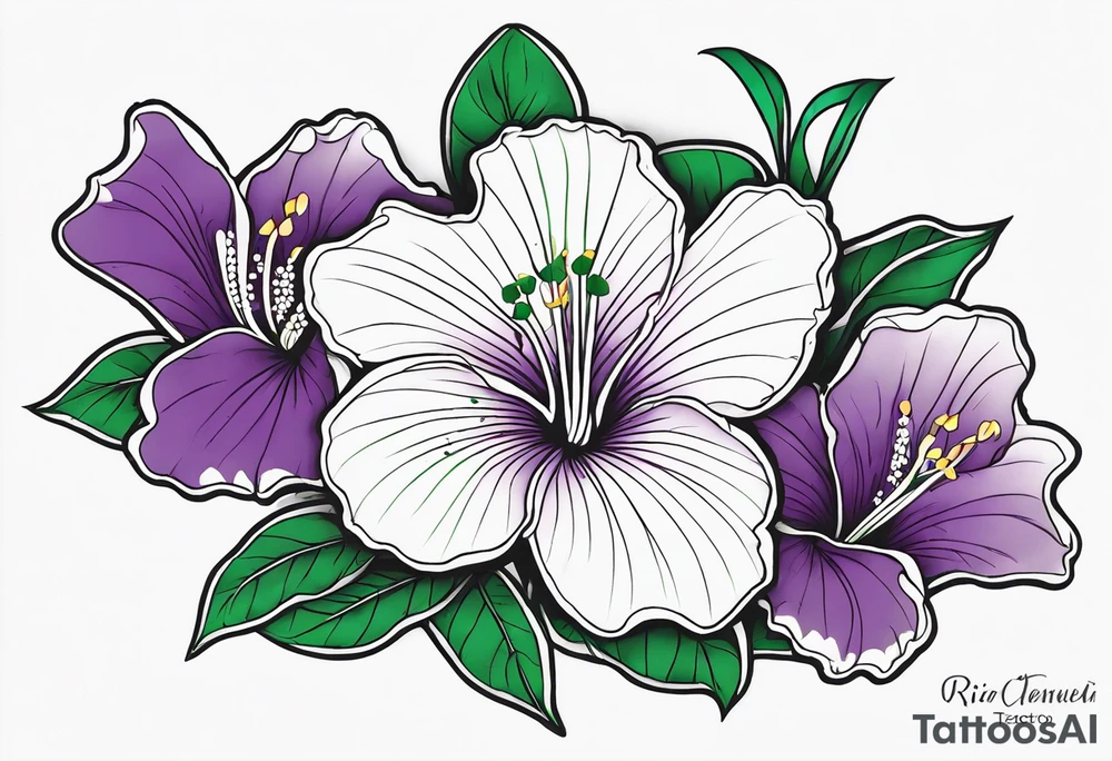 An outline of a rio dipladenia flower with green and purple behind it tattoo idea