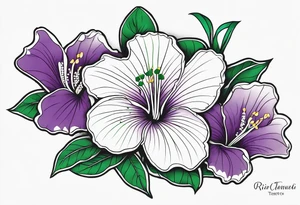 An outline of a rio dipladenia flower with green and purple behind it tattoo idea