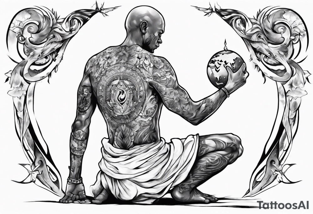 Peaceful warrior kneeling with the world on his shoulders. Peaceful tattoo idea Peaceful warrior kneeling with the world on his shoulders. Peaceful tattoo idea