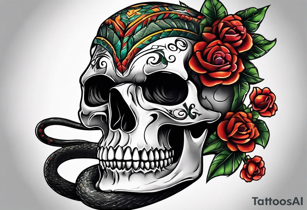 Snake intertwined into a realistic skull coming through the eye ready to strike Mexican style tattoo idea