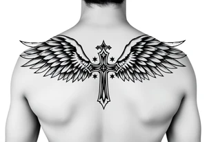 upper arm templar cross angel wings mystical tribal background tattoo idea