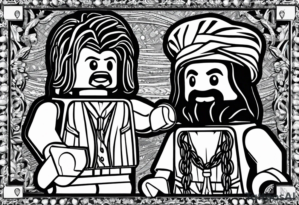 2 Lego figures in one scenery, one of them will be a Rastaman who is looking at the other one dribbling a basketball tattoo idea