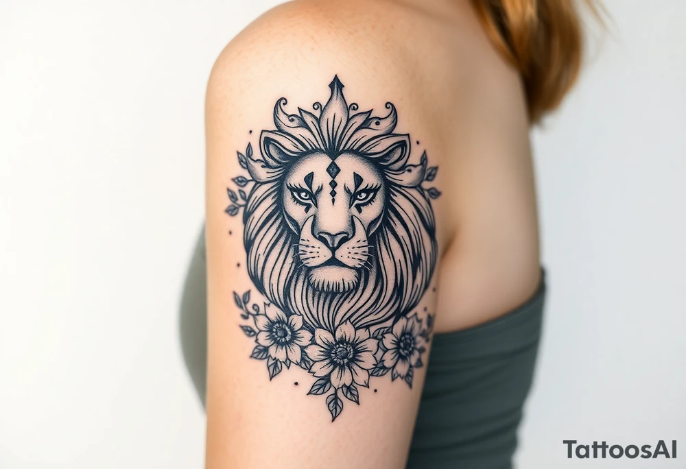 powerful majestic lion with a crown, surrounded by floral ornaments and birds tattoo idea