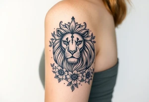powerful majestic lion with a crown, surrounded by floral ornaments and birds tattoo idea