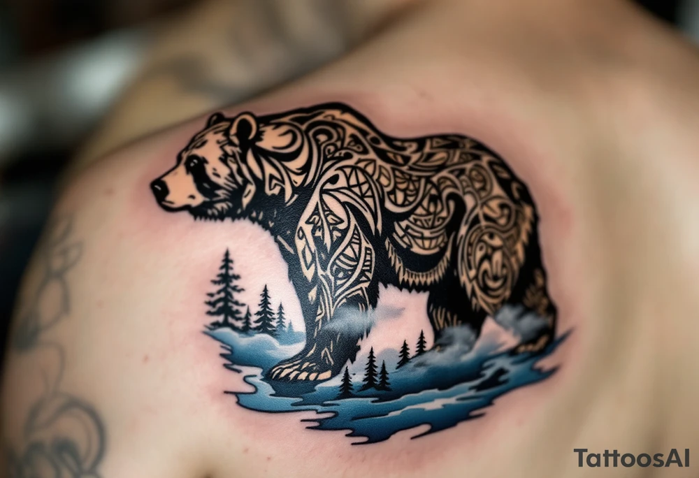 A powerful, majestic bear tattoo with a deep black and brown color palette. The bear is depicted in a standing position, symbolizing strength and protection, with intricate tribal patterns subtly etched along its body, representing its spiritual connection to the earth. TAround the bear, mountain peaks and pine trees form a natural, serene backdrop, while delicate blue mist rises from the ground, tattoo idea