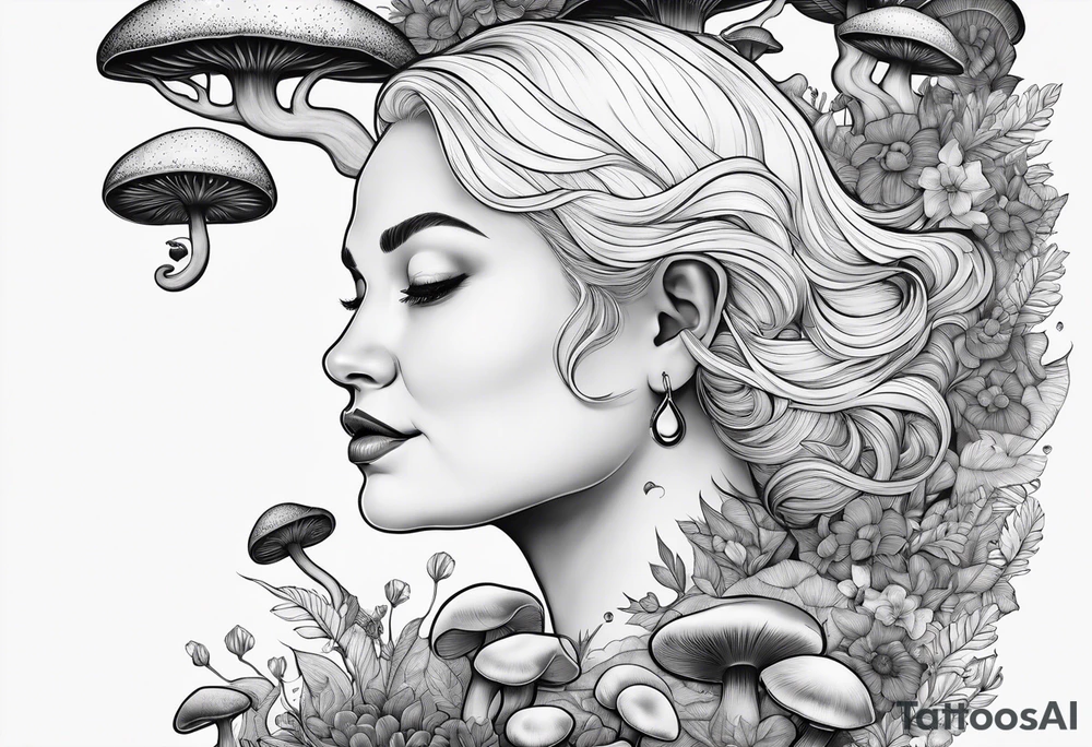 Older blonde fat woman no makeup surrounded by mushrooms mountains crescent moon background tattoo idea