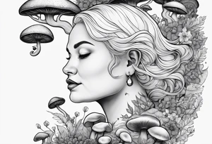Older blonde fat woman no makeup surrounded by mushrooms mountains crescent moon background tattoo idea
