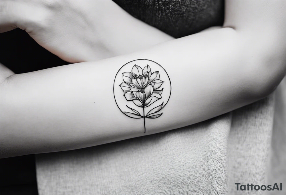 Here’s a description for the fourth idea:

	Minimalist black-and-white tattoo above the inner elbow, featuring an open circle with a small sprouting seed or budding plant inside, symbolizing new life and growth. From the seed, a fine, delicate lifeline extends outward, representing the journey of parent and child together. The design uses thin, clean lines for a simple, elegant, and symbolic look. tattoo idea
