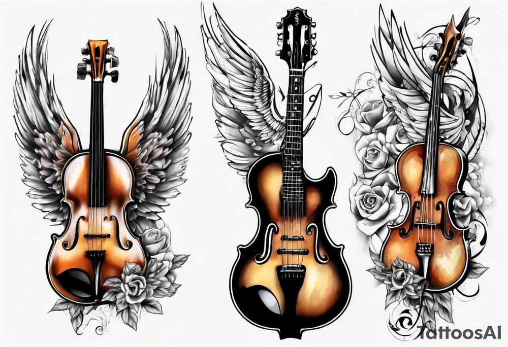 GUITAR LEANING AGAINST A VIOLIN WITH ANGLE WINGS tattoo idea