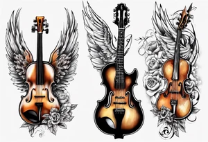 GUITAR LEANING AGAINST A VIOLIN WITH ANGLE WINGS tattoo idea