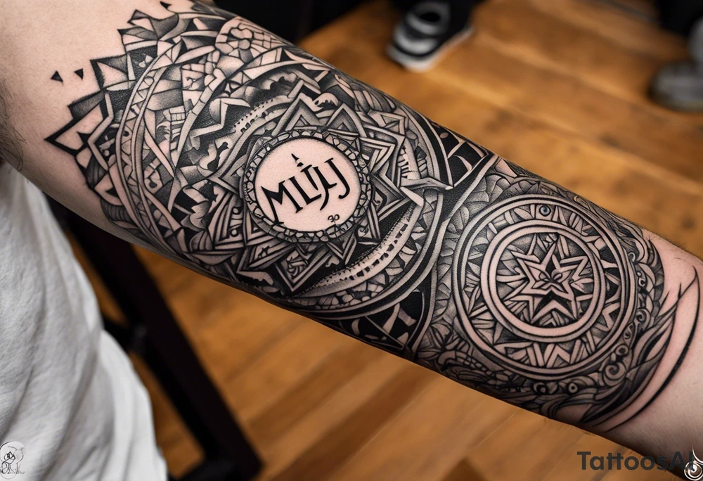 small tattoo on the forearm of a man with the initials MLJ, date of birth 22/09/22 in the style of a moluccan tattoo tattoo idea