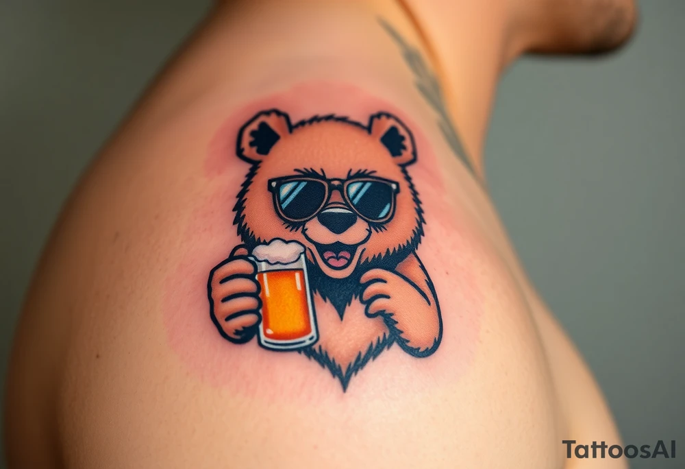 A beer-loving bear wearing sunglasses, holding a pint with a relaxed expression, rendered in a playful cartoon style tattoo idea