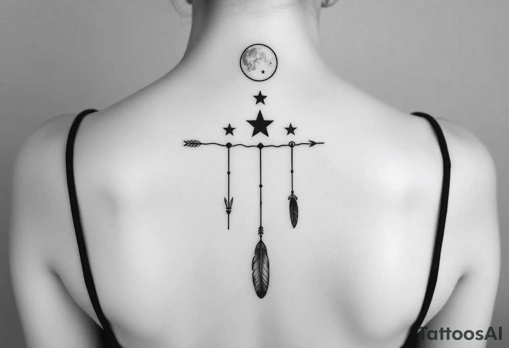Narrow vertical memorial chain of symbols made of a moon, stars symbolizing loss, a brother and sister bond, and strength in a native script style following down the spine in with 3 vertical different lengths flowing lines made of a discreet connection of morse code ".--- .- --.     .-.. ... -.- .- .-.   -.. .. --.     .-.. .. .-.. .-.. . -... .-. --- .-. forming 3 arrow shapes connected to 3 flowing feathers hanging from the end of the morse code lines tattoo idea