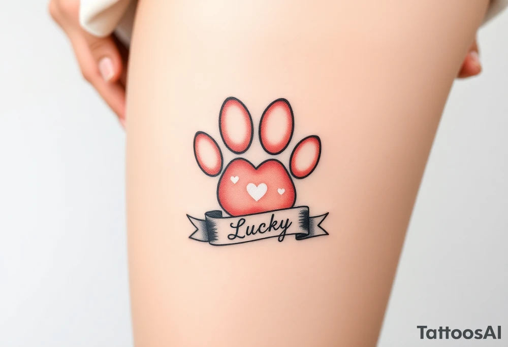 A paw print intertwined with a hearts and ribbon bearing a name Lucky, using a soft gradient of peach and rose gold tattoo idea