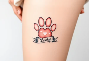 A paw print intertwined with a hearts and ribbon bearing a name Lucky, using a soft gradient of peach and rose gold tattoo idea