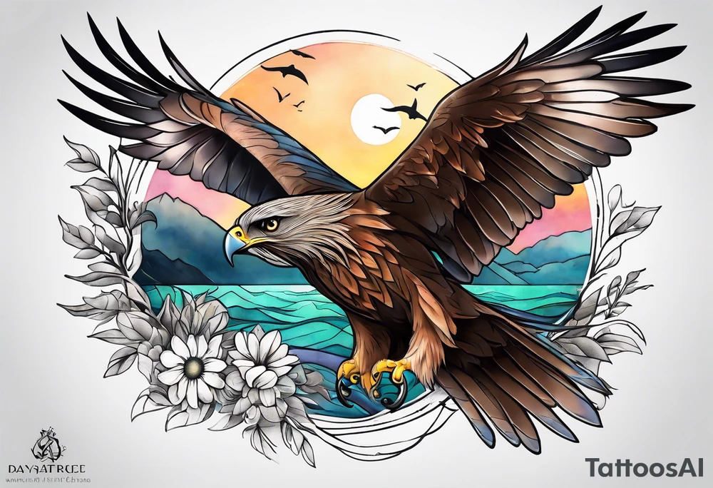 Small inside arm tattoo. Black kite (Daya's name), nature (trees/sea), small sunflower. Soft colours tattoo idea
