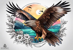 Small inside arm tattoo. Black kite (Daya's name), nature (trees/sea), small sunflower. Soft colours tattoo idea