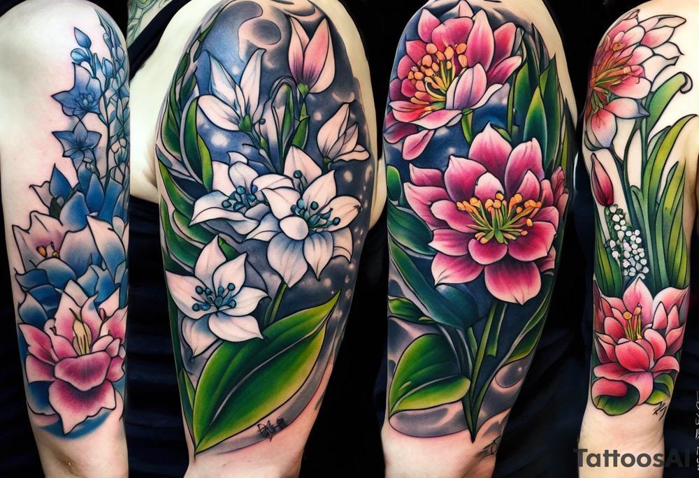 Larkspur, Lily of the valley, water, lily, Hawthorne, flower, carnation, snowdrop flower half sleeve tattoo idea