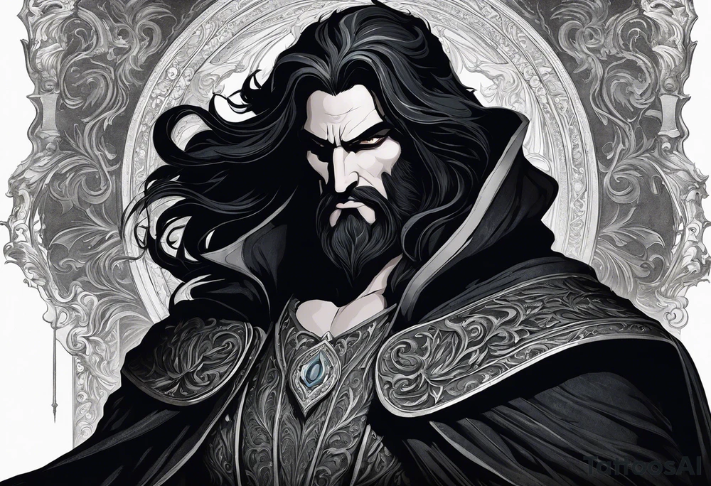 Hadès is depicted with a commanding presence, his features carefully detailed to reflect his dark and enigmatic nature. His face is stern, with deep-set eyes that exude an aura of authority and mystery. His dark, shoulder-length hair and beard are rendered with meticulous shading, adding texture and depth. He wears a regal but somber cloak, which is intricately detailed with realistic folds and shadows, emphasizing his status as the ruler of the underworld. In one hand, he holds a bident, a two-pronged staff symbolizing his power over the dead. The bident is rendered with fine detail, including ornate designs along its handle. The background is kept minimalistic to ensure the focus remains on Hadès himself. The tattoo highlights realistic textures and shadows, bringing out the god’s formidable and brooding presence. The overall effect captures the essence of Hadès as a powerful and revered deity of the Greek pantheon. tattoo idea
